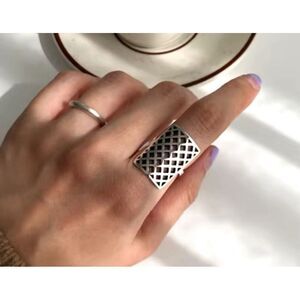 Solid Statement Ring White‎ Gold Plated Sterling Adjustable Lattice Wide Band